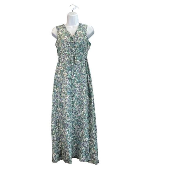 Eddie Bauer Womens 2 Green/Blue Crinkled V Neck Maxi Pullover Summer Dress - Picture 1 of 8
